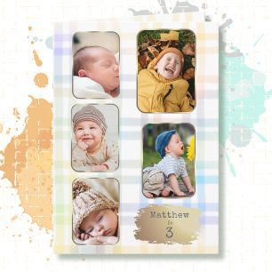 3rd Birthday 5 Picture Collage Plaid Watercolor Card