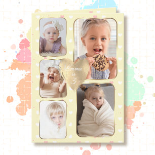 3rd Birthday 5 Picture Yellow Gold Pink Hearts Card