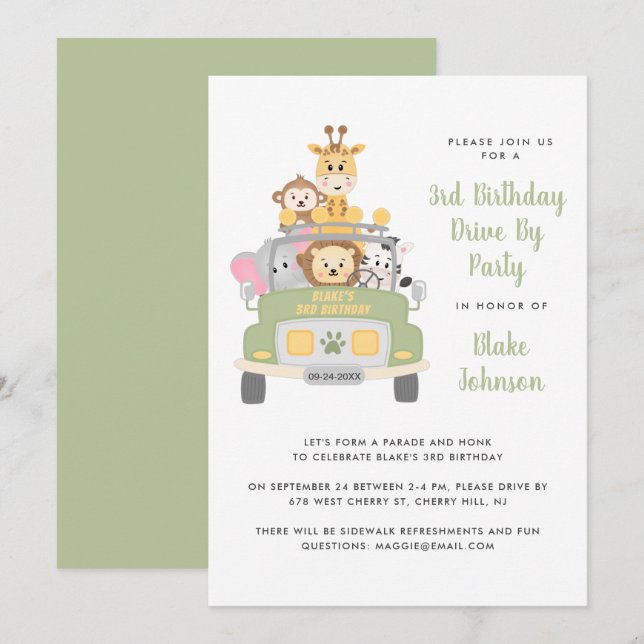3rd Birthday Animal Safari  Drive By Party Invitation (Front/Back)