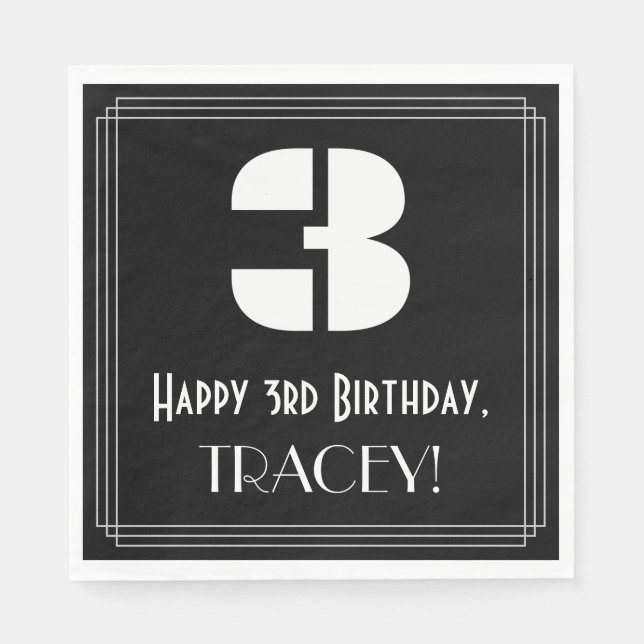 3rd Birthday: Art Deco Inspired Look "3" + Name Napkins (Front)