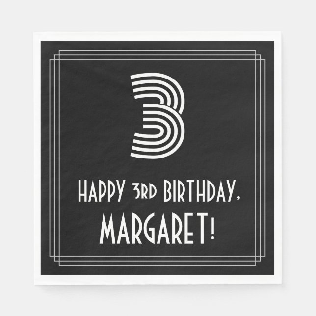 3rd Birthday: Art Deco Inspired Look "3" + Name Napkins (Front)
