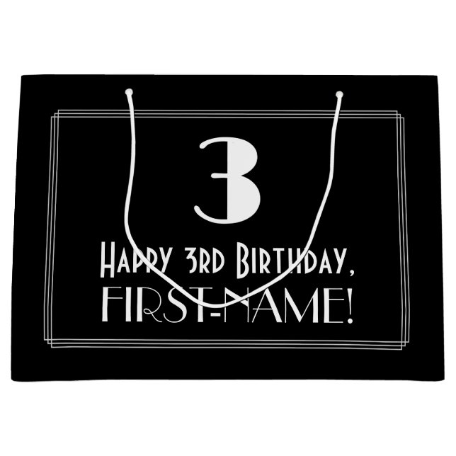 3rd Birthday: Art Deco Inspired Style "3", Name Large Gift Bag (Front)