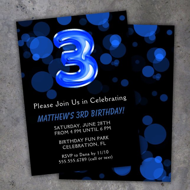 3rd Birthday Balloons Kids Blue Boy Party Invitation (Creator Uploaded)