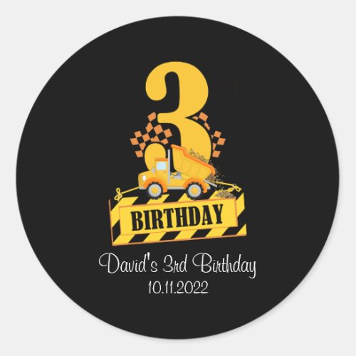 3rd Birthday Boy Construction Truck 3 Years Old Classic Round Sticker