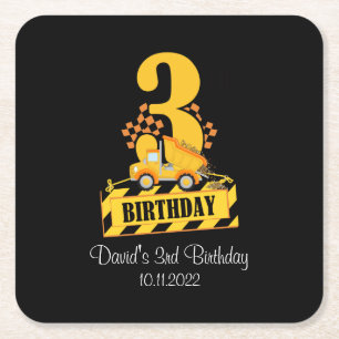 3rd Birthday Boy Construction Truck 3 Years Old Square Paper Coaster