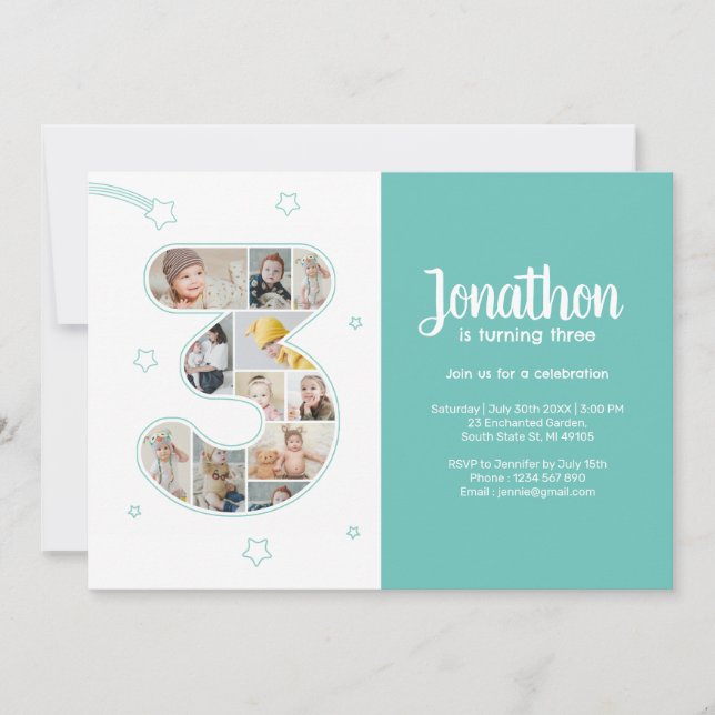3rd Birthday Boy Number 3 Custom Photo Collage Invitation (Front)