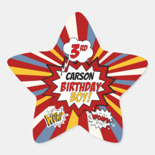 3rd Birthday Boy Superhero Comic with Name Star Sticker