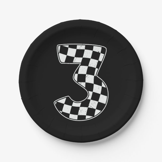 3rd Birthday Checkered Number 3 Car Racing Flag  Paper Plates (Front)