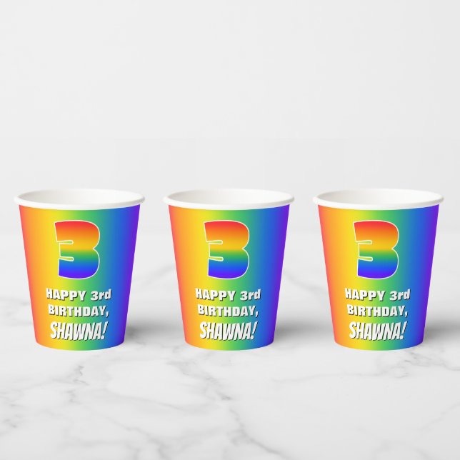 3rd Birthday: Colorful, Fun Rainbow Pattern # 3 Paper Cups (Multi)