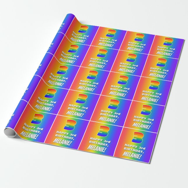 3rd Birthday: Colorful, Fun Rainbow Pattern # 3 Wrapping Paper (Unrolled)