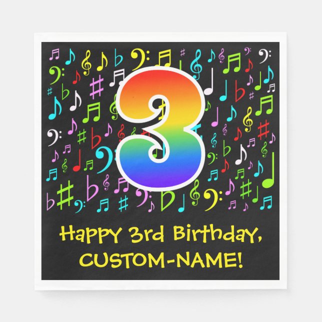 3rd Birthday - Colorful Music Symbols, Rainbow 3 Napkins (Front)