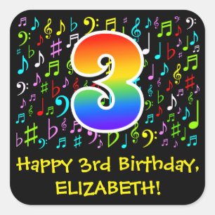 3rd Birthday: Colorful Music Symbols, Rainbow 3 Square Sticker