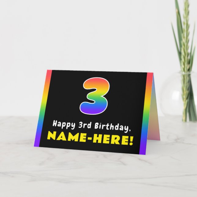 3rd Birthday: Colorful Rainbow # 3, Custom Name Card (Front)