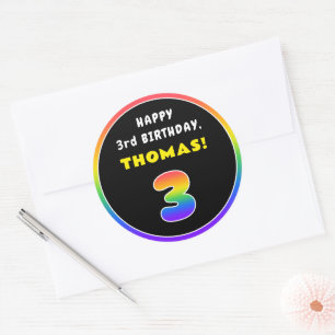 3rd Birthday: Colorful Rainbow # 3, Custom Name Classic Round Sticker