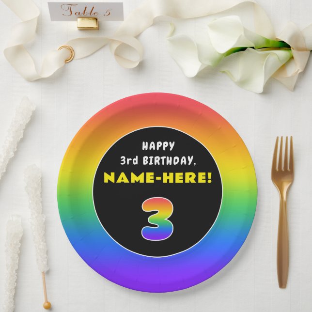 3rd Birthday: Colorful Rainbow # 3, Custom Name Paper Plates (Wedding)
