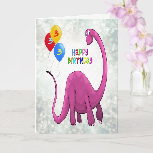3rd Birthday Dinosaur and Ballons Card (Orchid)