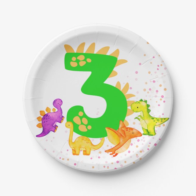 3rd Birthday. Dinosaur Design. My third birthday.  Paper Plates (Front)