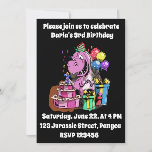 3rd Birthday Dinosaur Girl Dino Bday Invitation