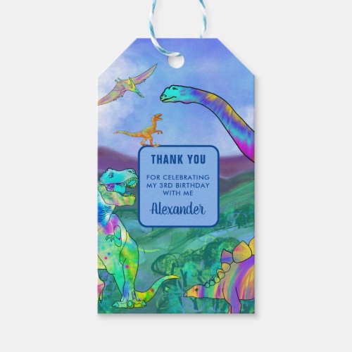 3rd birthday dinosaur party thank you favor blue gift tags