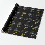 [ Thumbnail: 3rd Birthday: Elegant, Black, Faux Gold Look Wrapping Paper ]