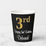 [ Thumbnail: 3rd Birthday - Elegant Luxurious Faux Gold Look # Paper Cups ]