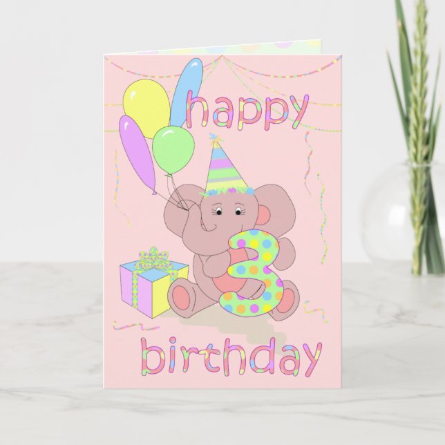 3rd Birthday Elephant for Girls Card (Front)