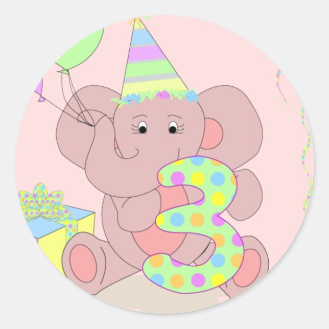 3rd Birthday Elephant Sticker for Girls (Front)