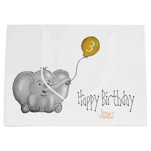 3rd birthday elephant with yellow balloon large gift bag (Front)