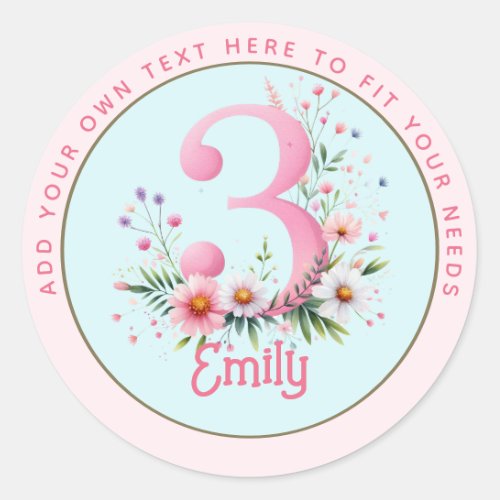 3rd Birthday Fairy Floral Pink Princess Fairytale Classic Round Sticker