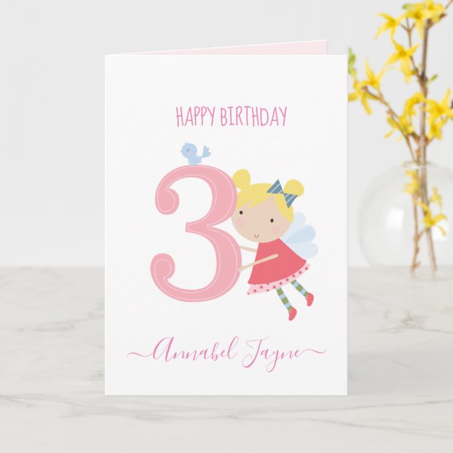 3rd birthday fairy, girls cute personalized  card (Yellow Flower)