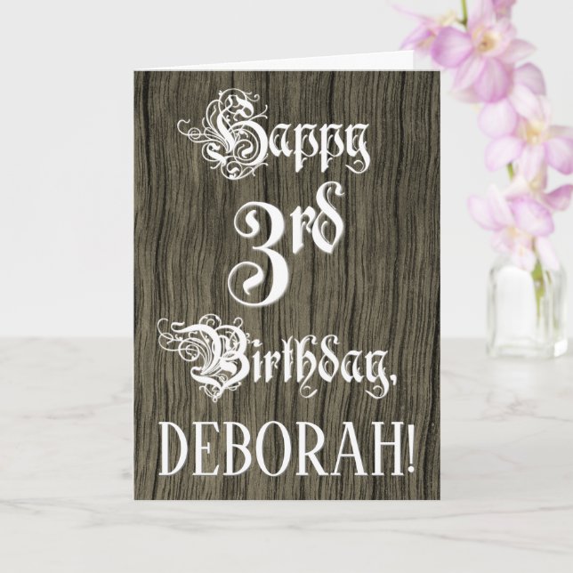 3rd Birthday: Fancy, Elegant Text; Faux Wood Look Card (Orchid)