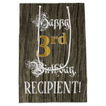 [ Thumbnail: 3rd Birthday: Faux Gold Look & Faux Wood Pattern Gift Bag ]