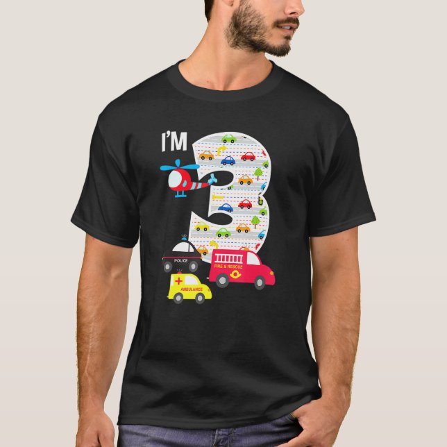 3rd Birthday Fire Truck Police Car 3 Year Old Boys T-Shirt (Front)