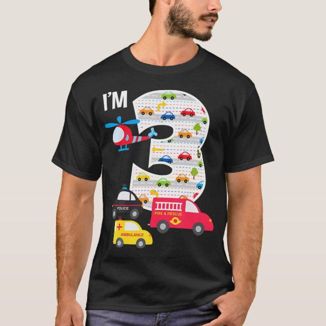 3Rd Birthday Fire Truck Police Car 3 Year Old Boys T-Shirt (Front)