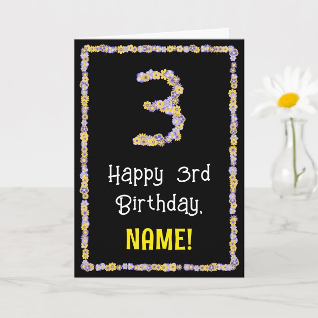 3rd Birthday: Floral Flowers Number, Custom Name Card (Small Plant)