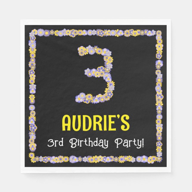 3rd Birthday: Floral Flowers Number, Custom Name Napkins (Front)