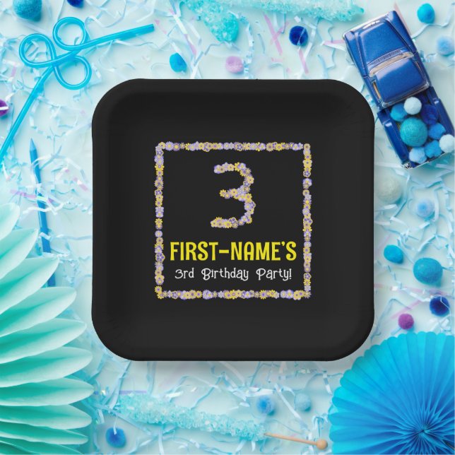 3rd Birthday: Floral Flowers Number, Custom Name Paper Plates (Party)