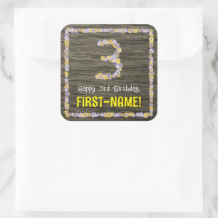 3rd Birthday: Floral Number, Faux Wood Look, Name Square Sticker