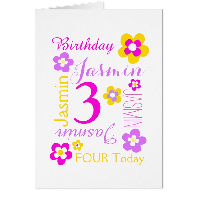 3rd birthday flower custom graphic purple pink cards (Front)