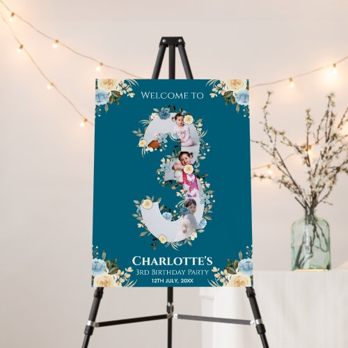 3rd Birthday Flower Teal Photo Blue Yellow Welcome