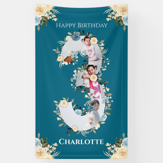 3rd Birthday Flower Teal Photo Collage Blue Yellow Banner (Vertical)