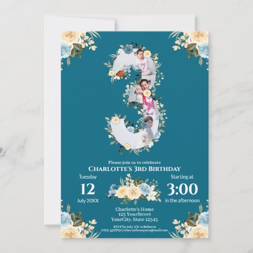 3rd Birthday Flower Teal Photo Collage Blue Yellow Invitation