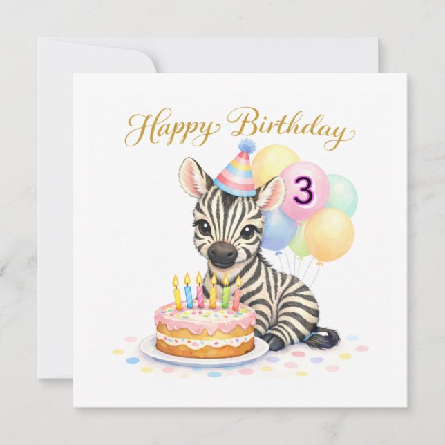 3rd Birthday For Girls - Cute Zebra Greeting Card (Front)