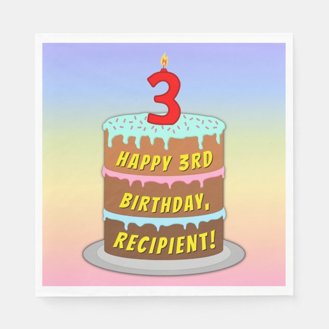 3rd Birthday: Fun Cake and Candle + Custom Name Napkins (Front)