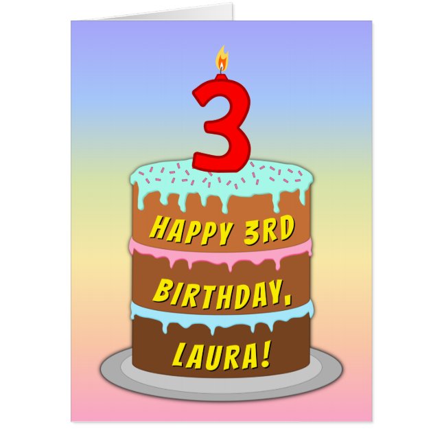 3rd Birthday: Fun Cake & Candle, w/ Custom Name Card (Front)