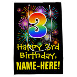[ Thumbnail: 3rd Birthday: Fun Fireworks Pattern + Rainbow 3 Gift Bag ]