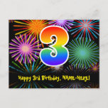 [ Thumbnail: 3rd Birthday – Fun Fireworks Pattern + Rainbow 3 Postcard ]