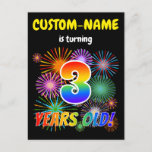 [ Thumbnail: 3rd Birthday - Fun Fireworks, Rainbow Look "3" Postcard ]