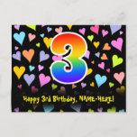 [ Thumbnail: 3rd Birthday: Fun Hearts Pattern, Rainbow 3 Postcard ]
