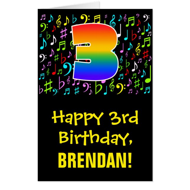 3rd Birthday: Fun Music Symbols + Rainbow # 3 Card (Front)